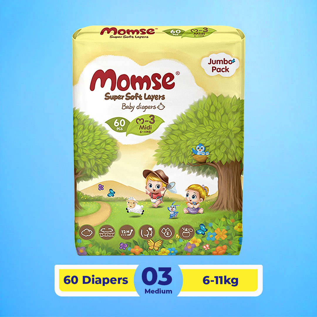 Momse Diapers - M-3 (Midi) 6-11kg Jumbo Pack 60 Pcs
