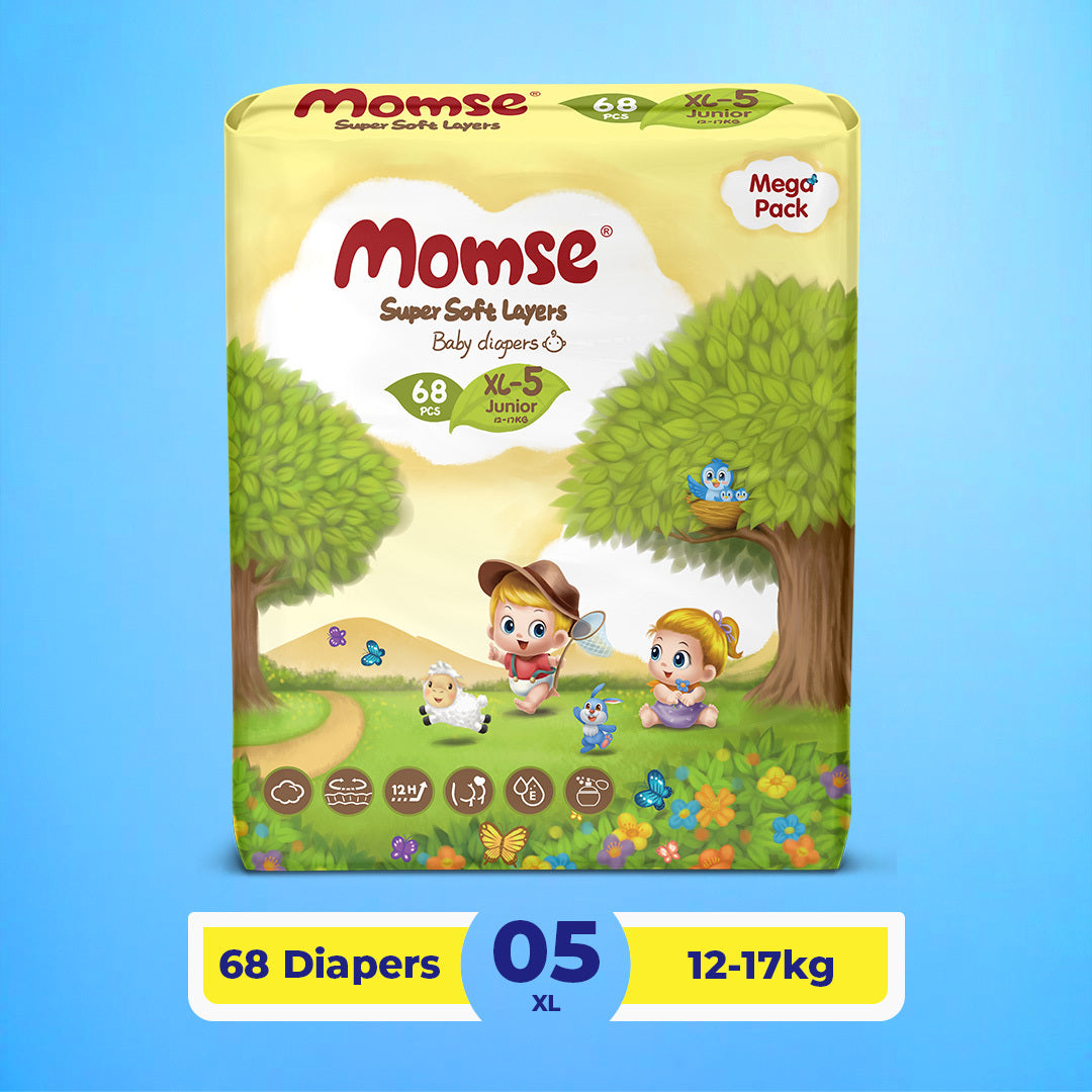 Momse Diapers - XL-5 (Junior) 12-17kg Mega Pack 68 Pcs