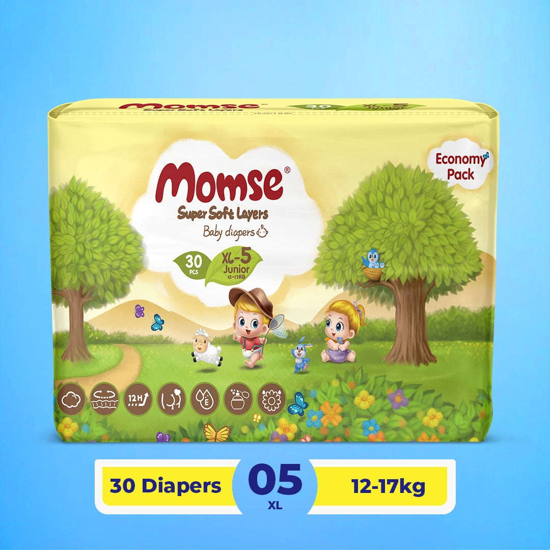 Momse Diapers - XL-5 (Junior) 12-17kg Economy Pack 30 Pcs