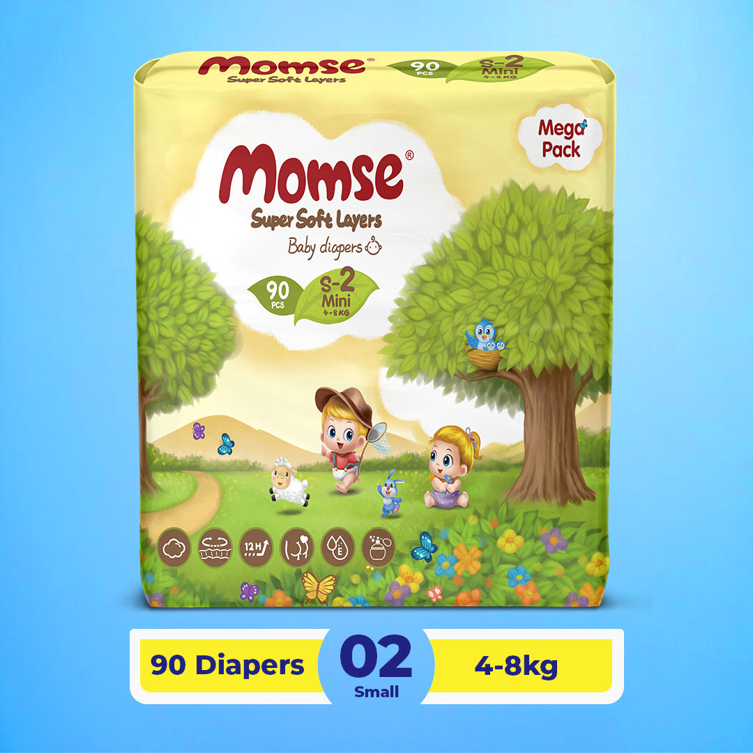 Momse Diapers - S-2 (Mini) 4-8kg Mega Pack 90 Pcs