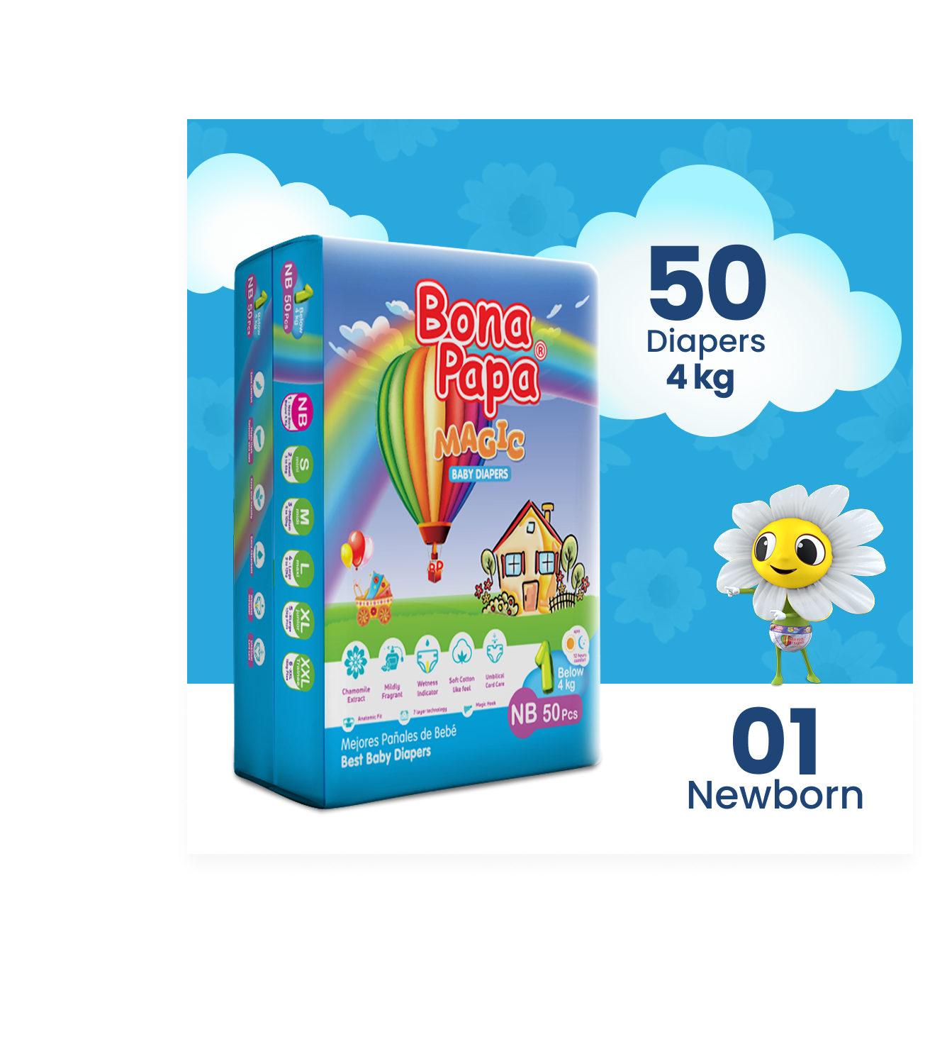 Bona Papa Magic Diapers - NB-1 Below 4kg Economy Pack 50 Pcs