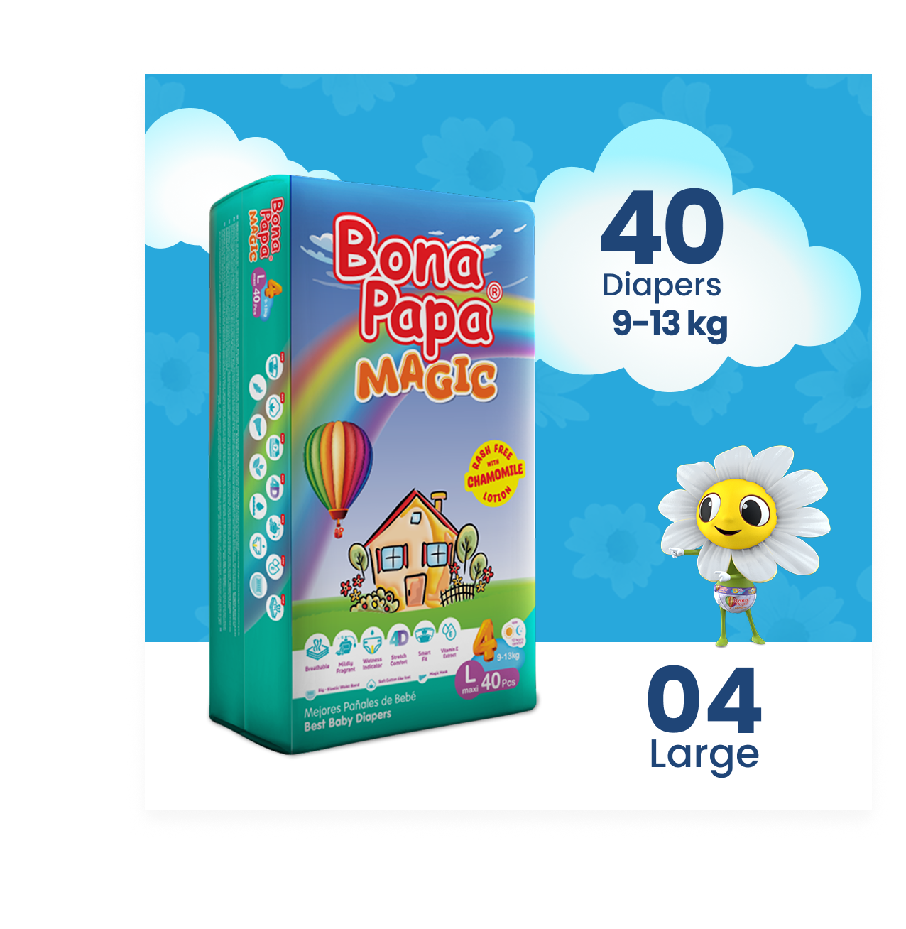 Bona Papa Magic Diapers - L-4 (Maxi) 9-13kg Economy Pack 40 Pcs