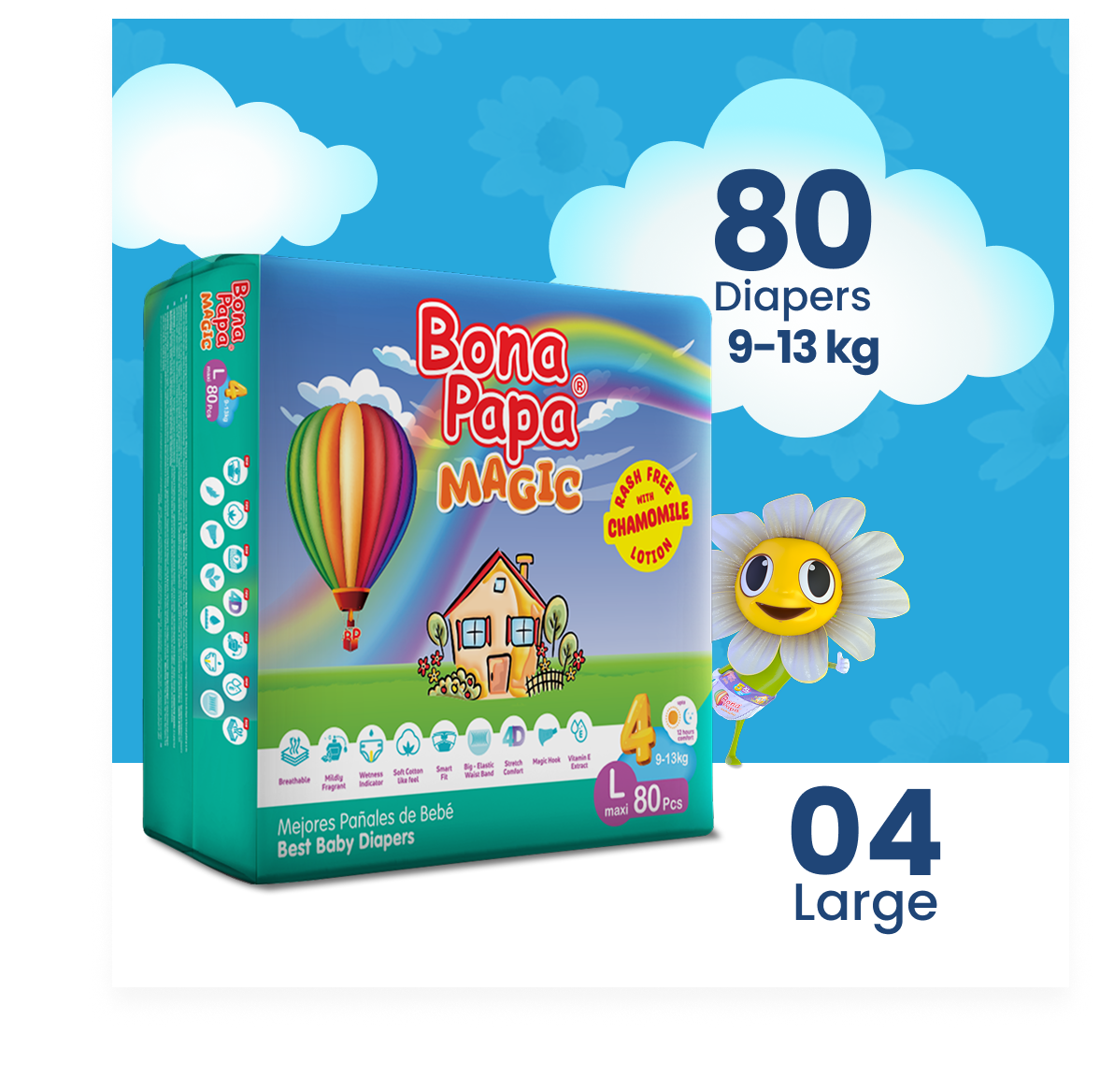 Bona Papa Magic Diapers - L-4 (Maxi) 9-13kg Mega Pack 80 Pcs