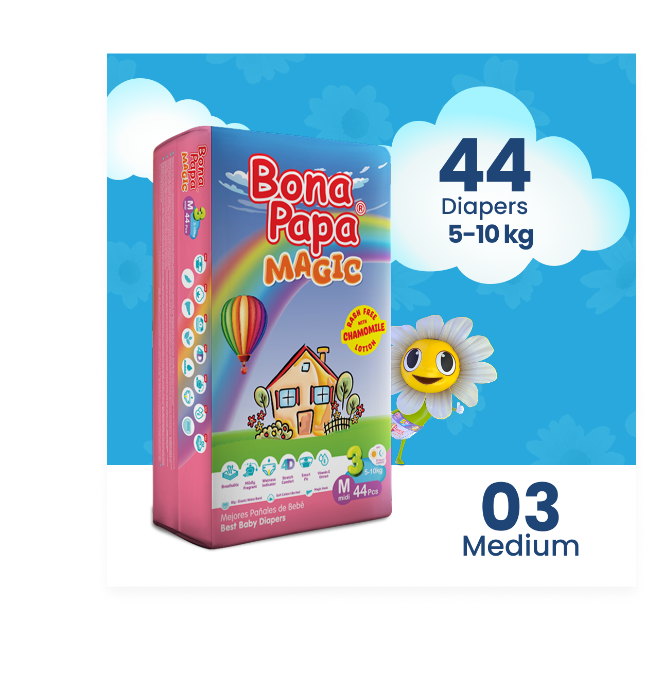 Bona Papa Magic Diapers - M-3 (Midi) 5-10kg Economy Pack 44 Pcs