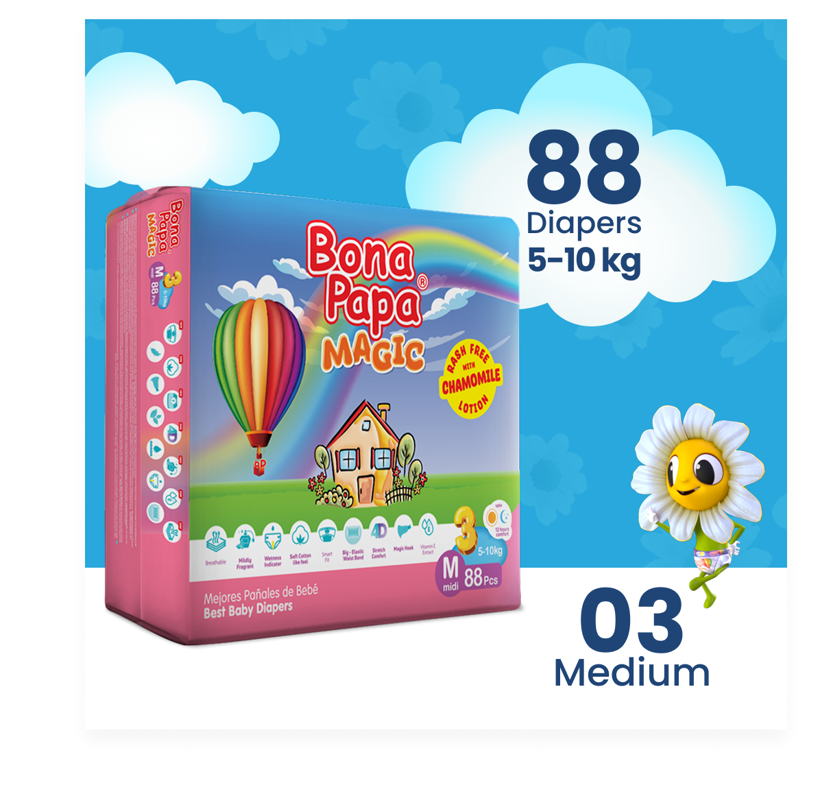 Bona Papa Magic Diapers - M-3 (Midi) 5-10kg Mega Pack 88 Pcs