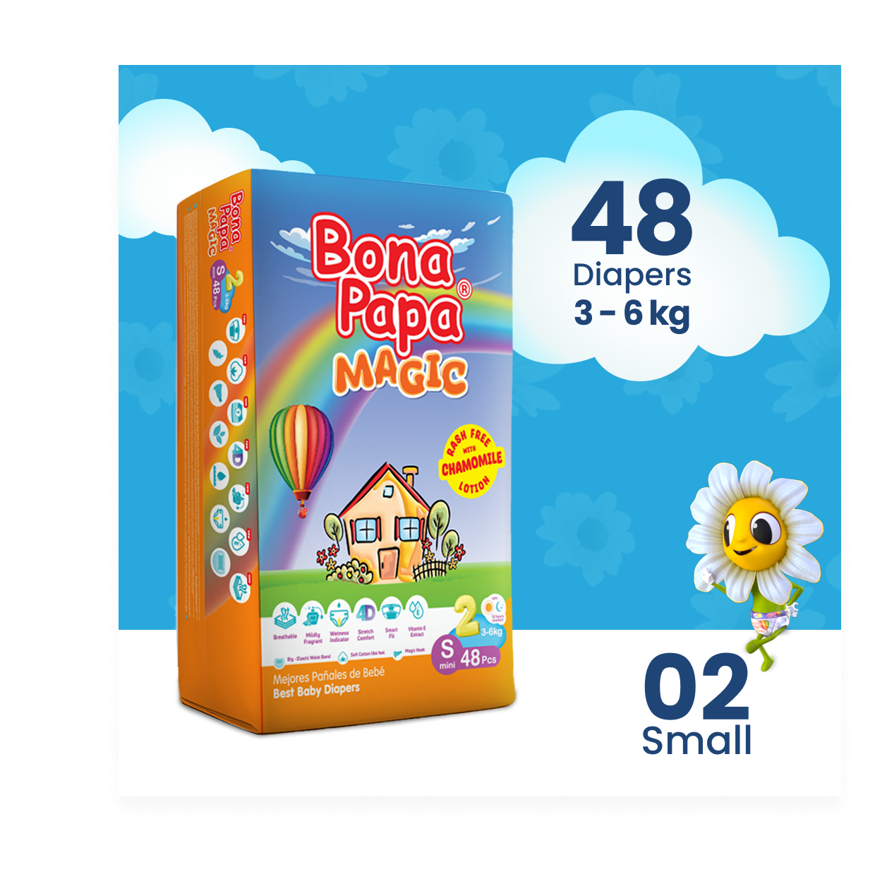 Bona Papa Magic Diapers - S-2 (Mini) 3-6kg Economy Pack 48 Pcs