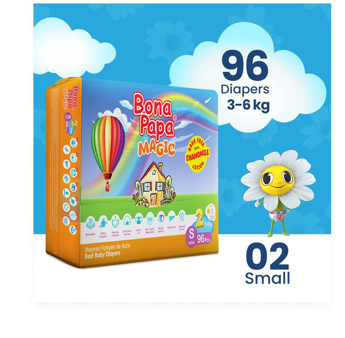 Bona Papa Magic Diapers - S-2 (Mini) 3-6kg Mega Pack 96 Pcs