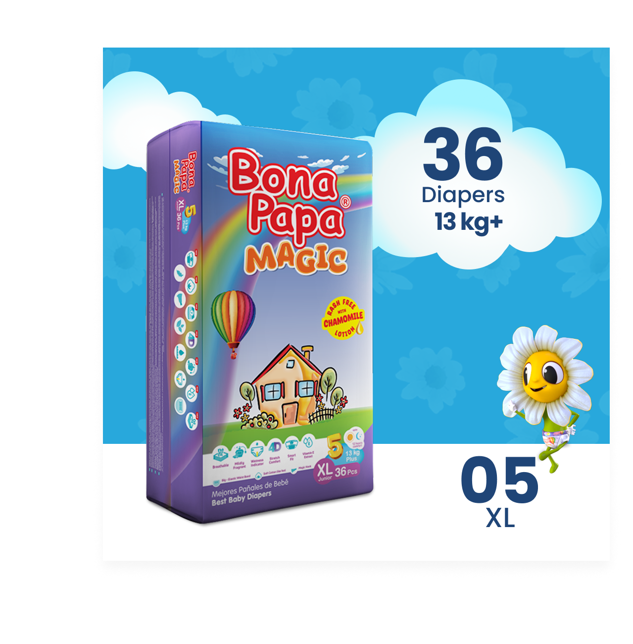Bona Papa Magic Diapers - XL-5 - 13kg plus Economy Pack 36 Pcs