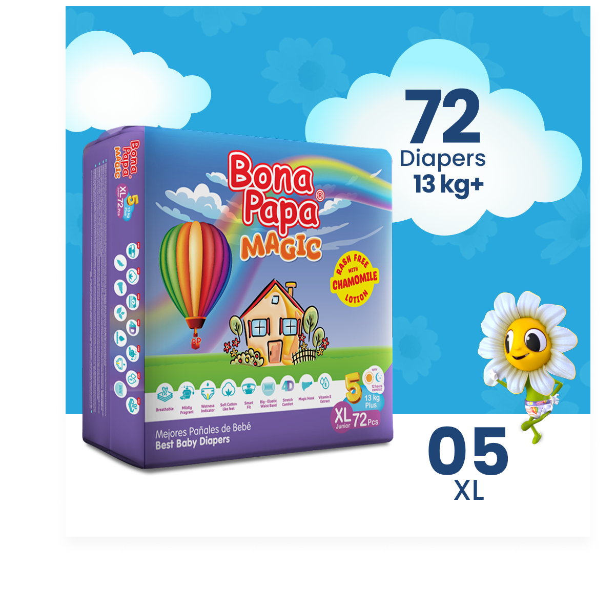 Bona Papa Magic Diapers - XL-5 (13kg plus) Mega Pack 72 Pcs