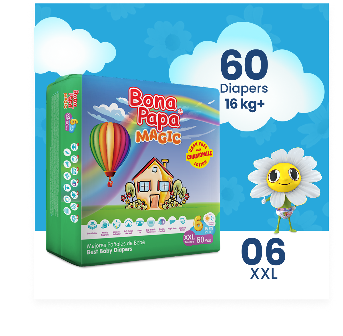 Bona Papa Magic Diapers - XXL-6 - 16kg plus Mega Pack 60 Pcs