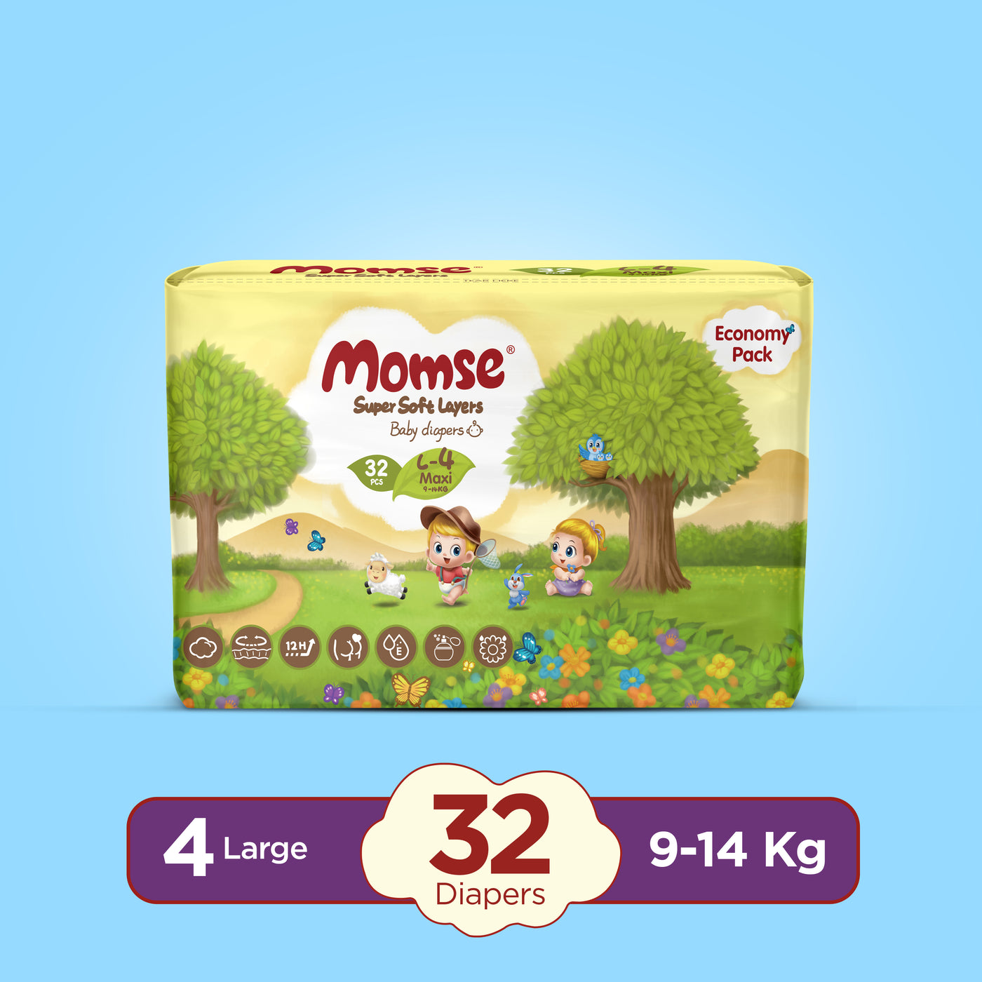 Momse Diapers - L-4 (Maxi) 9-14kg Economy Pack 32 Pcs