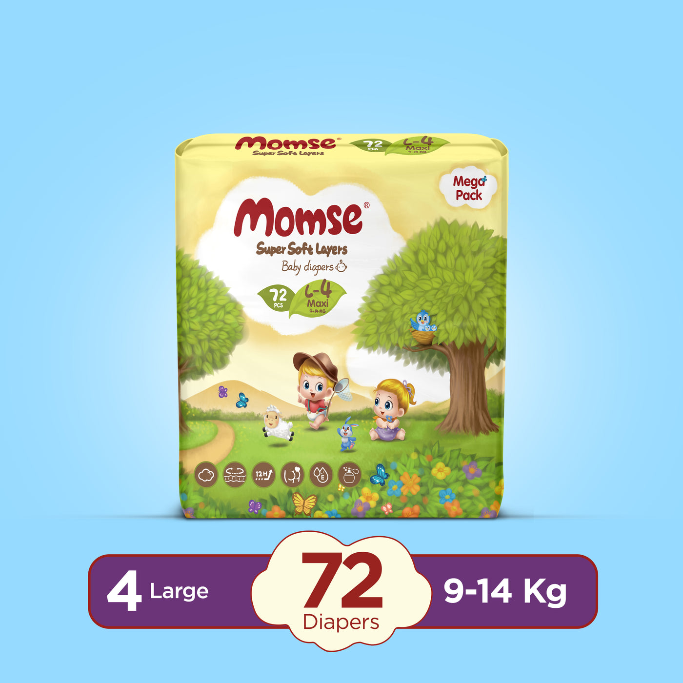 Momse Diapers - L-4 (Maxi) 9-14kg Mega Pack 72 Pcs