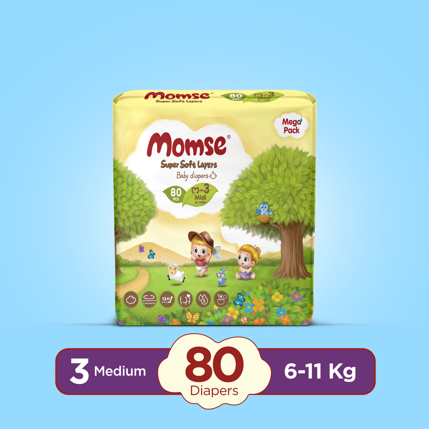 Momse Diapers - M-3 (Midi) 6-11kg Mega Pack 80 Pcs