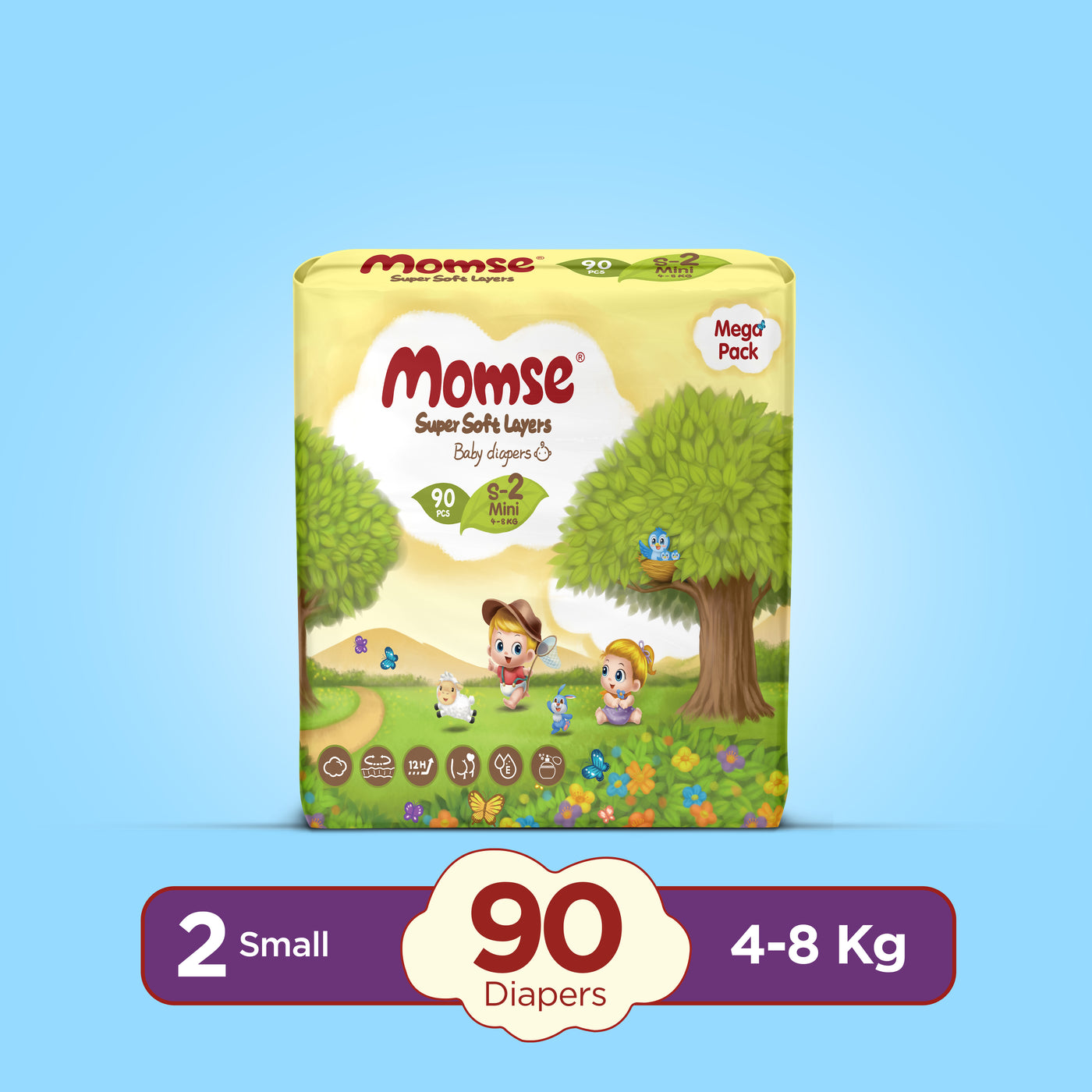 Momse Diapers - S-2 (Mini) 4-8kg Mega Pack 90 Pcs