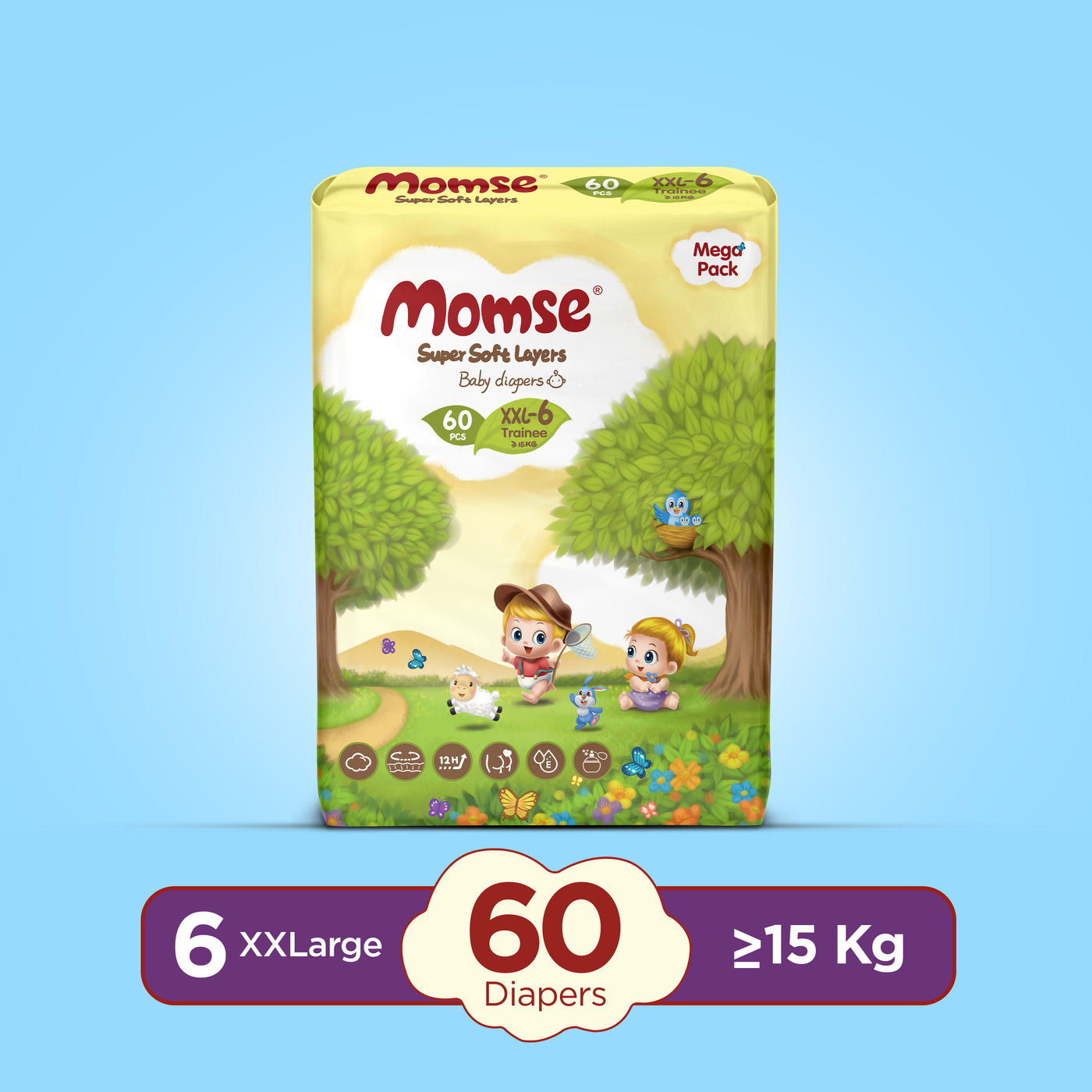 Momse Diapers - XXL-6 (Trainee) 15kg plus Mega Pack 60 Pcs