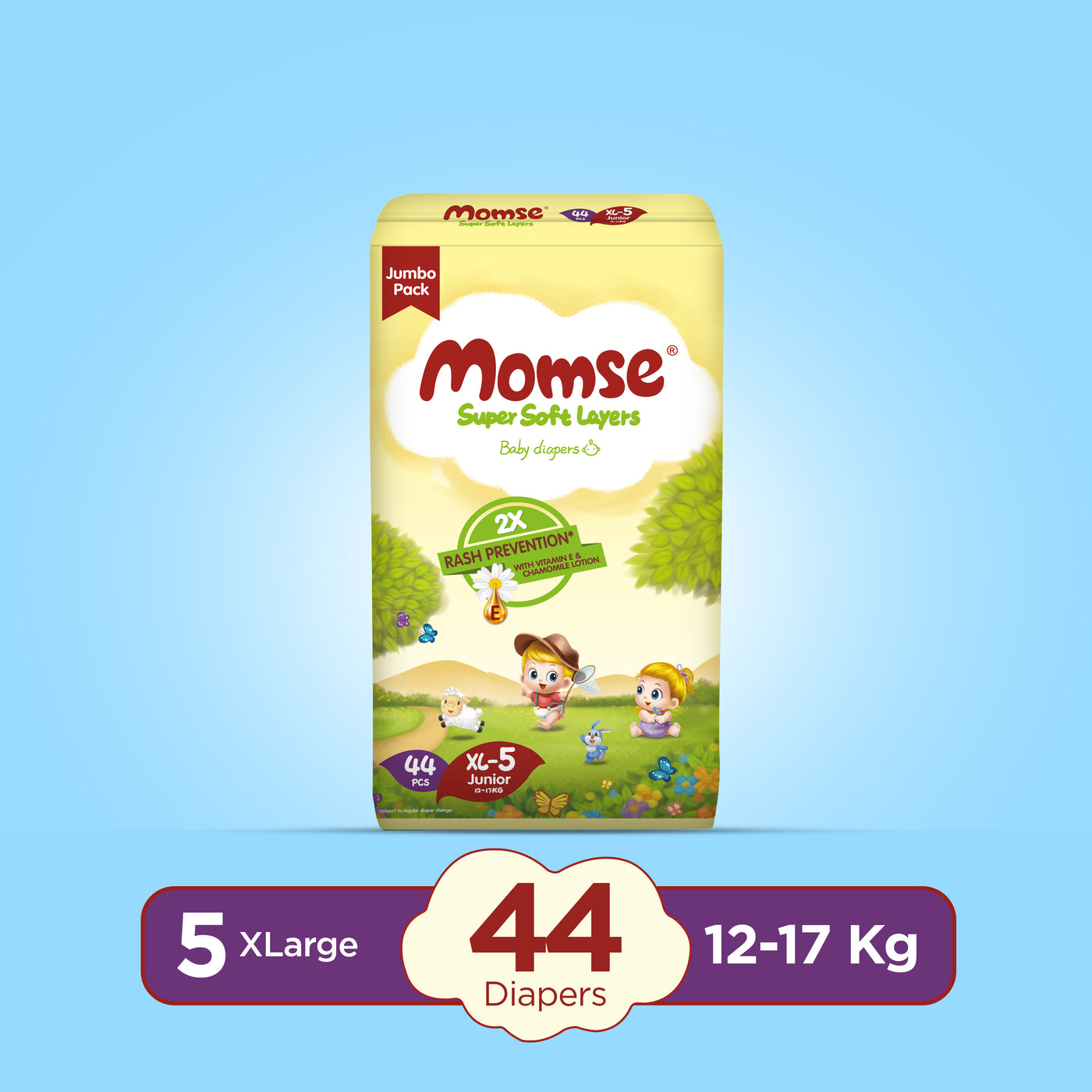 Momse Diapers - XL-5 (Junior) 12-17kg Jumbo Pack 44 Pcs